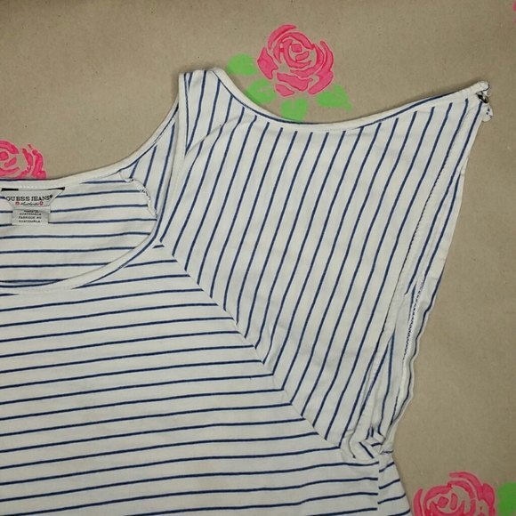 Guess Jeans Blue & White Cold Shoulder T Shirt M - Picture 8 of 10